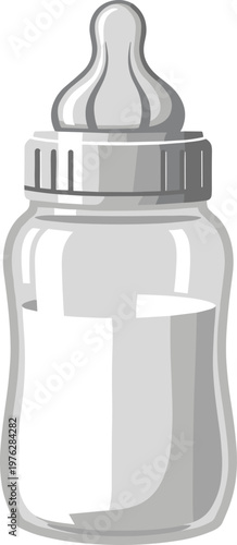 Baby feeding bottle with nipple illustration on transparent background for nursery care and nutrition.
