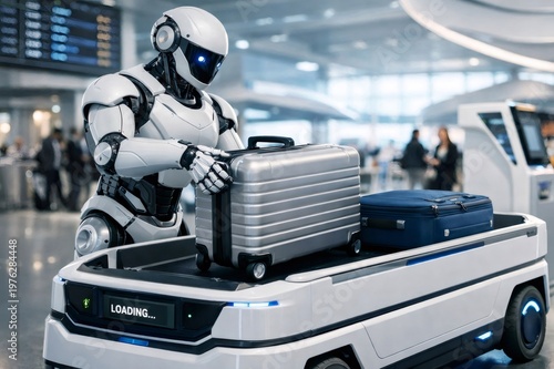 Robotic assistant loads luggage onto an autonomous cart in a futuristic airport terminal, showcasing AI driven automation and smart logistics for efficient passenger travel