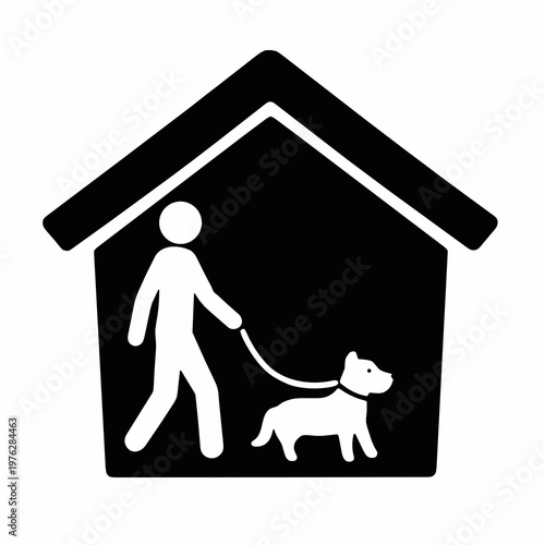Black house icon with person walking a dog inside, isolated on a white background. Clear vector symbol for indoor pet care, dog sitting, home service, daycare, training or kennel business.