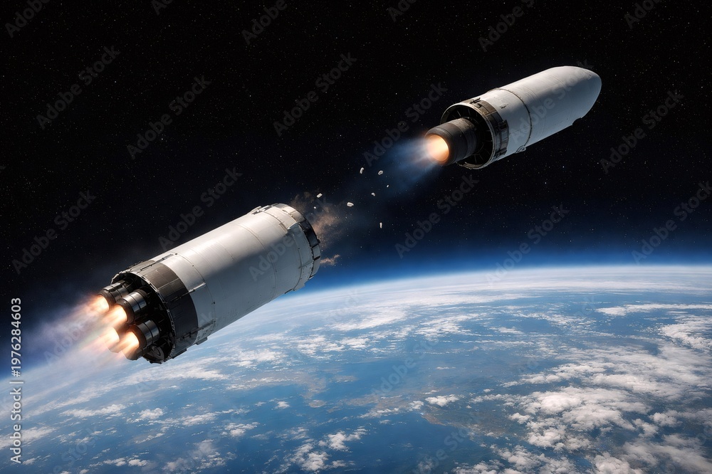 Fototapeta premium Launch vehicle upper stage igniting engine after separating from lower stage, ascending into space above Earth, symbolizing progress, technology, and exploration