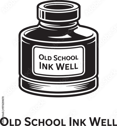 Stylized dark monochrome classic inkwell illustration with a cap, perfect for vintage writing and st