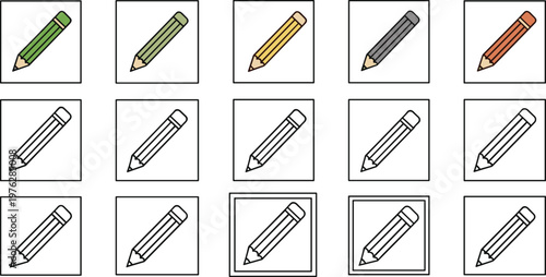 Collection of fifteen pencil icons in colored and outlined squares for drawing and writing creativity.