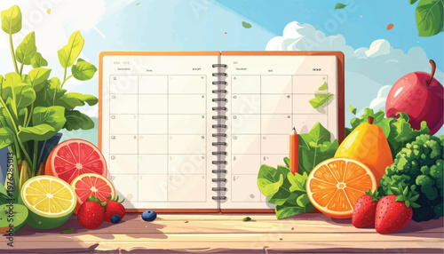 Open notebook surrounded by fresh fruits and vegetables.