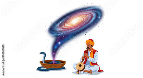 A colorful illustration of a man playing a musical instrument next to a mystical bowl with a swirling galaxy emerging from it