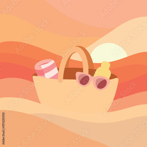 Flat illustration of a beach bag with sunglasses, towel, and sunscreen set against abstract sunset waves. Perfect for summer branding, travel promotions, social media graphics, and seasonal background