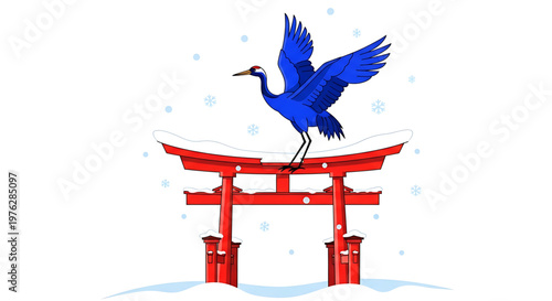 A vibrant blue crane stands on a traditional Japanese torii gate during a snowy day