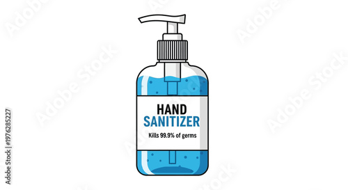 An illustration of a bottle of hand sanitizer with a pump dispenser on a white background