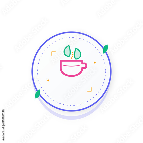 Minimalist Flat Icon of a Pink Cup of Herbal Tea with Green Leaves and Blue Frame