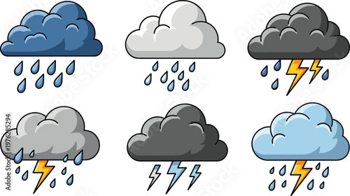 Collection of various weather icons: rain, lightning, clouds, thunderstorms, isolated elements.