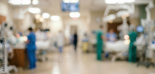 Abstract hospital scene with indistinct figures of medical professionals, bright screens, and equipment arranged along a corridor, creating a sense of activity and clinical efficiency.