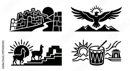 Andean temple horn and sacred icon silhouette set