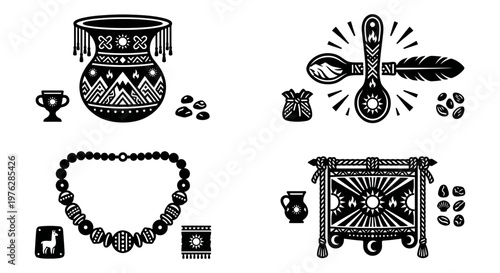 Andean harvest emblems and portrait symbol vector set