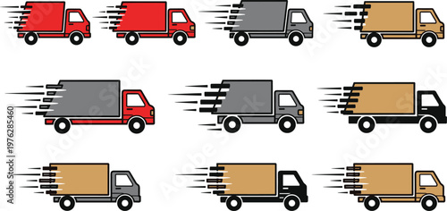 Delivery truck set moving fast transport service cartoon style logistic vehicle cartoon illustration.