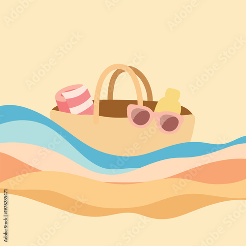 Clean flat illustration of a beach bag with sunglasses, towel, and sunscreen over soft abstract wave shapes. Ideal for summer branding, travel content, social media, and seasonal design layouts.