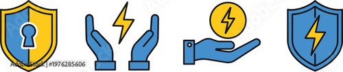 Energy and security icon collection with blue and yellow shields hands and lightning bolt power signs.