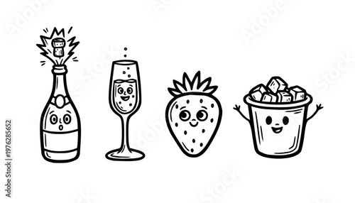 Champagne and Strawberry Expressive Line Art Doodle