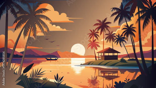 Tropical island, palm trees, sunset beach, vector landscape, exotic getaway, travel illustration