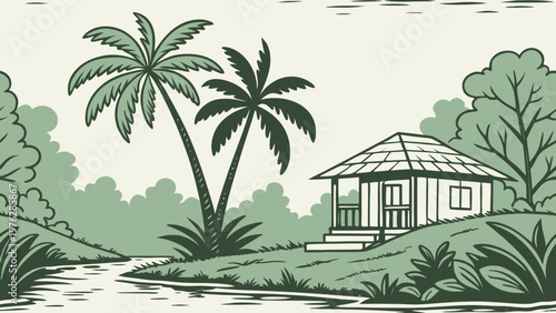 Tropical vector illustration, green landscape with house, palm trees, and river, eco friendly scenery
