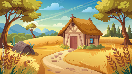 Cartoon rural landscape, thatched roof cottage, golden wheat field, serene countryside scene, vector illustration