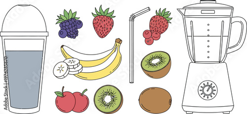 Fresh fruit smoothie preparation with a blender and drink container Vector