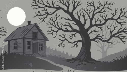 Haunted house, spooky tree, moonlit landscape, vector illustration
