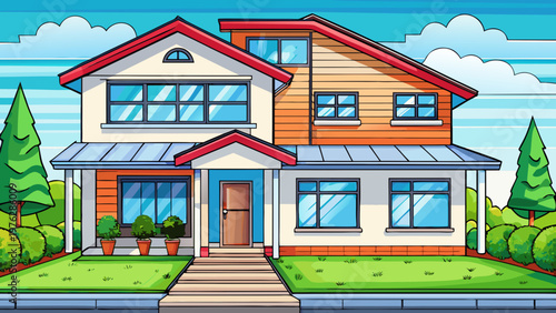 Colorful suburban house, modern family home, residential building, cartoon architecture