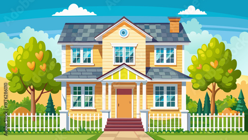 Suburban home, residential house, yellow siding, white picket fence, vector illustration