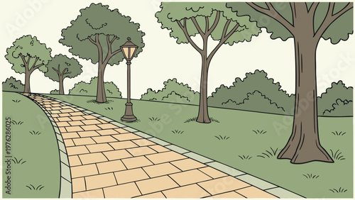 Park pathway, green trees, walking path, outdoor scenery, vector illustration