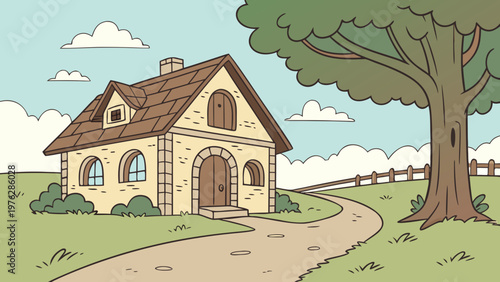 Cartoon house, stone cottage, rural landscape, green tree