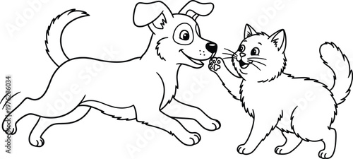 Curious canine and feline sharing a playful moment with a yarn ball nearby Vector