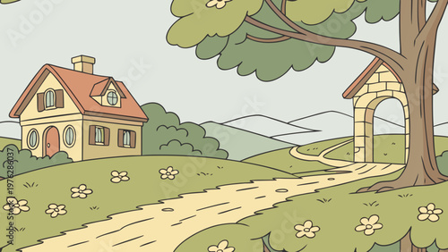 Cartoon house, tree, and gate on rolling hills, landscape illustration, vector scenery