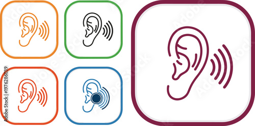 Hearing aid icon set with ear outline and sound waves in colorful rounded squares for accessibility.