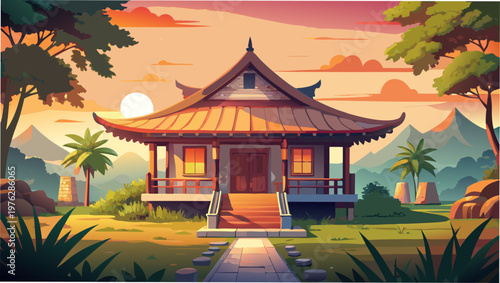 Asian temple, pagoda house, tropical landscape, sunset scenery