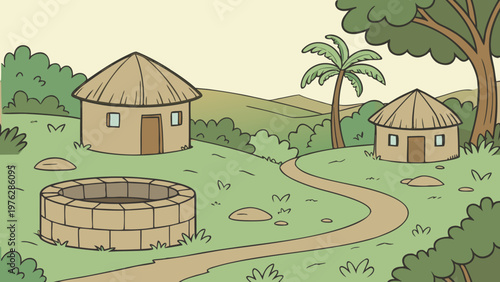 African village, rural landscape, thatched huts, cartoon illustration, green scenery