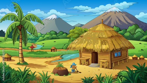 Tropical village, thatched hut, palm tree, mountain landscape, cartoon scenery