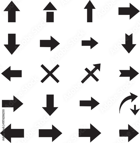 Set of twenty four solid black arrow pointing in various directions black arrows arrow direction indicators