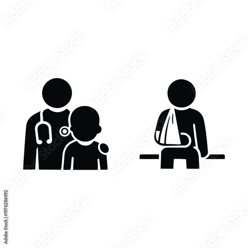 Orthopedic care icon set with doctor consultation and patient arm sling recovery