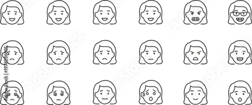 A set of 16 editable emoticon faces with various expressions in a pixel perfect design