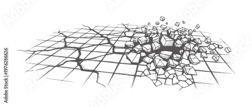 Cracked grid surface breaking apart into geometric fragments abstract chaos debris