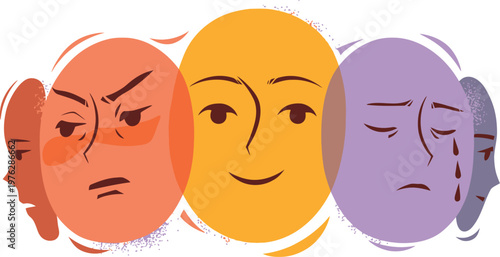A colorful illustration of multiple cartoon faces expressing different emotions on a white background