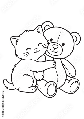 Cute Kitten Hugging Teddy Bear: This heartwarming black and white illustration depicts a charming kitten embracing a cuddly teddy bear, radiating a sense of friendship and comfort.