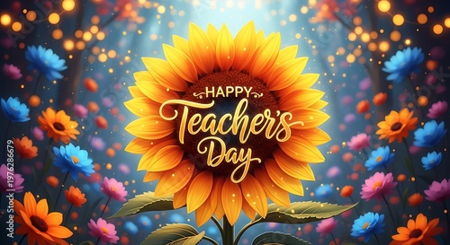 A vibrant sunflower with 'teacher's day' message festive and colorful