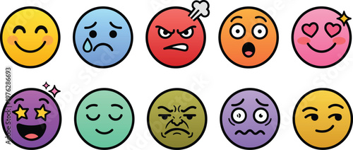 Set of expressive colorful emoji icons displaying a wide range of human emotions from happy to sad, angry to surprised, love to disgust, perfect for digital communication and reactions