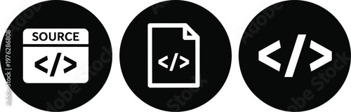 Black and White Coding Icon Set for Web Development, Source Code, and Programming Interfaces