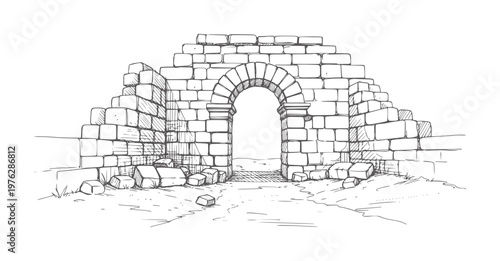 Hand drawn of ancient stone archway ruins with scattered rocks architecture