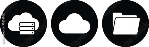 Cloud storage, cloud computing, and file folder black icon set for digital data management