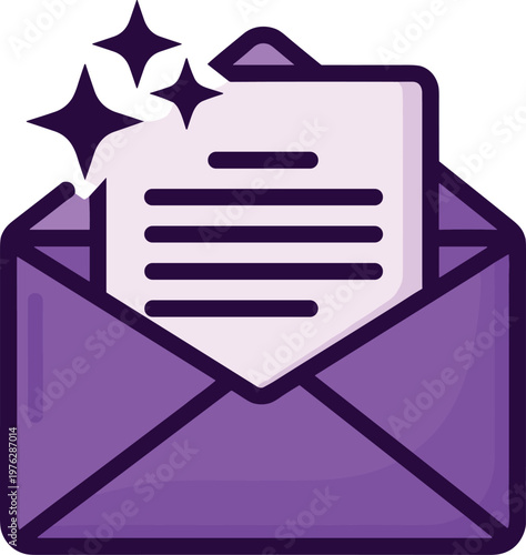 Open purple envelope with letter and sparkles vector icon isolated on transparent background.