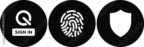 Black Circular Login, Fingerprint Authentication, and Security Shield Icon Set for Web and App UI