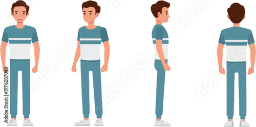 A cartoon man in different poses showcasing his casual outfit and various angles