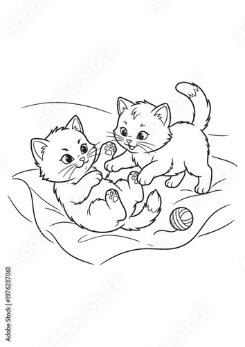 Playful Kittens' Delight: Two adorable kittens, engaged in a lively game, frolic with a ball, their youthful energy and innocent charm perfectly captured in a heartwarming illustration.